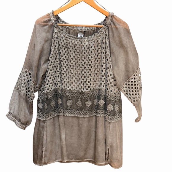 John Mark Boho Lace Crochet Tunic Top Mineral Wash Artsy Taupe Womens Large - Picture 2 of 9